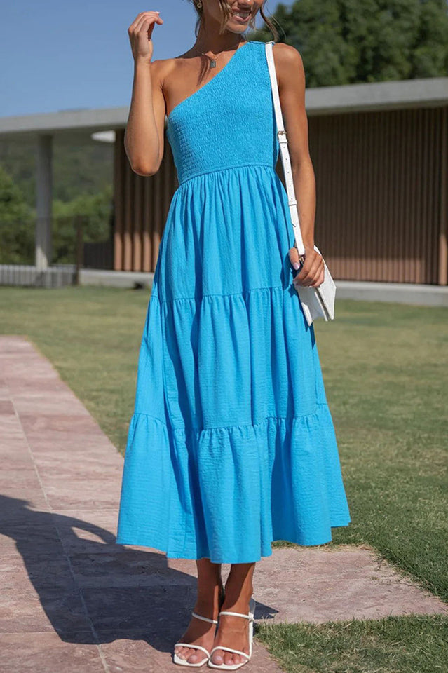 One Shoulder Shirred Tiered Midi Dress 9