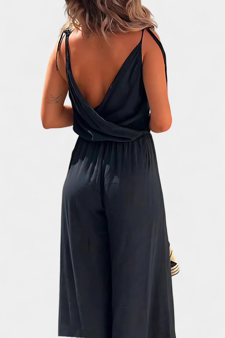 Satin Wrap V-Neck Spaghetti Strap High Split Wide Leg Jumpsuit 7
