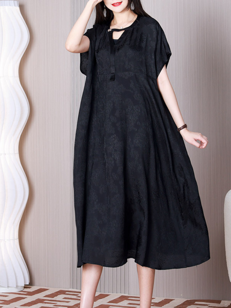 Jacquard Keyhole V-Neck Short-Sleeve A-Line Midi Dress 6