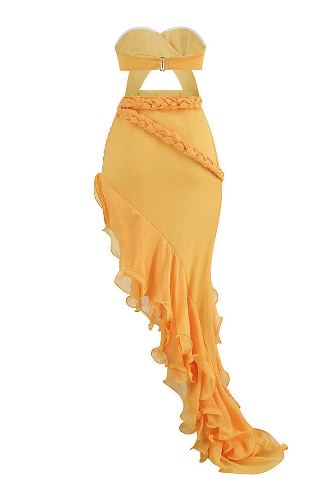 Strapless Twist Front Cut Out Ruffle High Low Dress 8