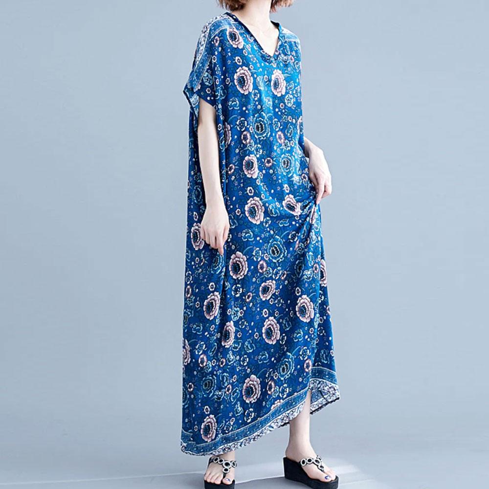 Floral Print V-Neck Short Sleeve Kaftan Maxi Dress 4