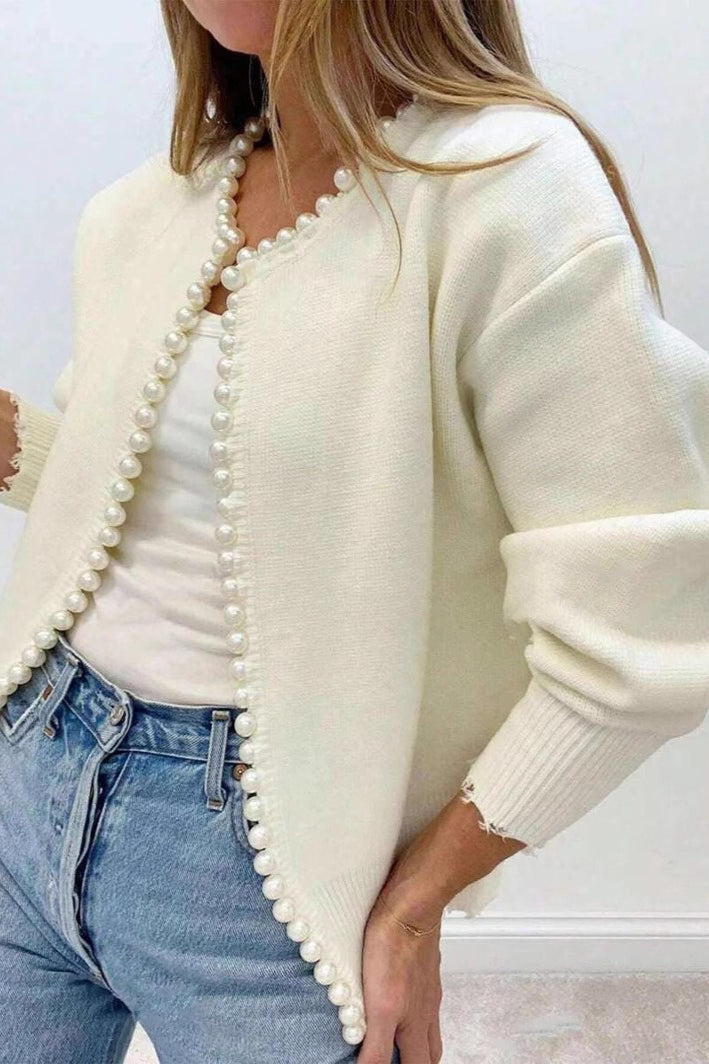 Pearl-Trimmed Heavy-Detail Knit Cardigan for Chic Elegance