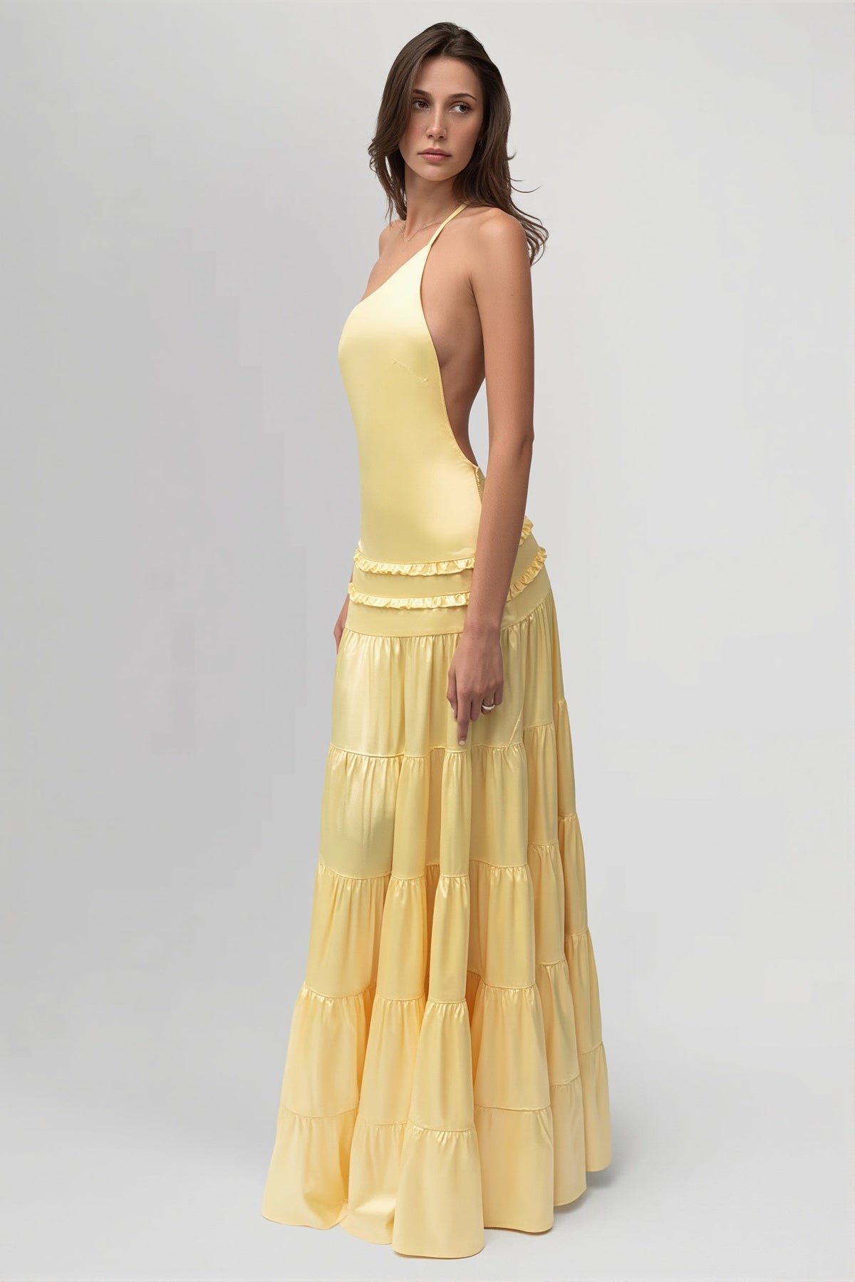 Satin One Shoulder Drop Waist Tiered Maxi Gown 2