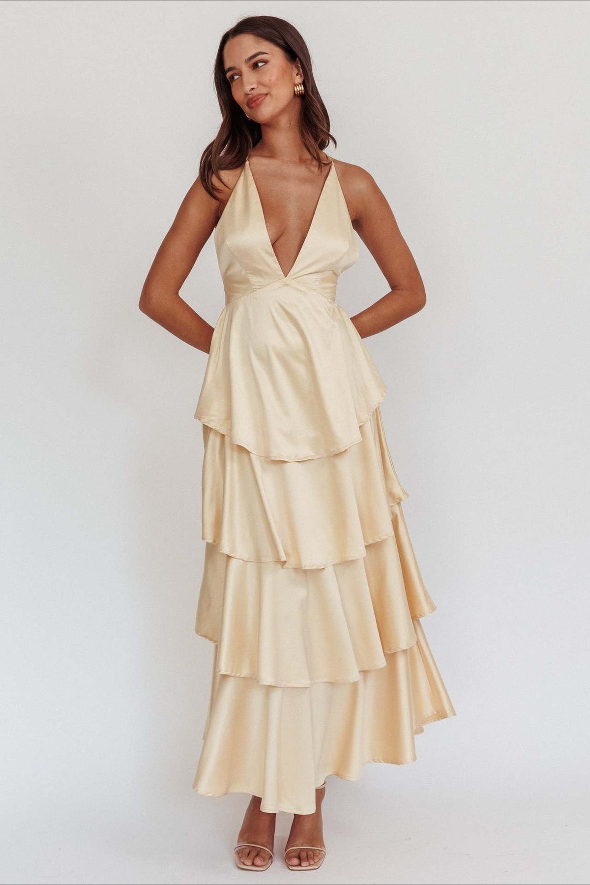 Satin Plunge V-Neck Tiered Ruffle Maxi Formal Dress