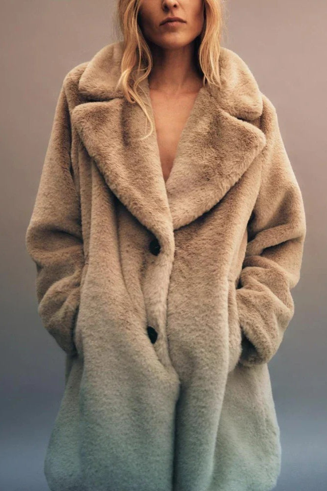 Faux Fur Lapel Long Sleeve Warm Overcoat