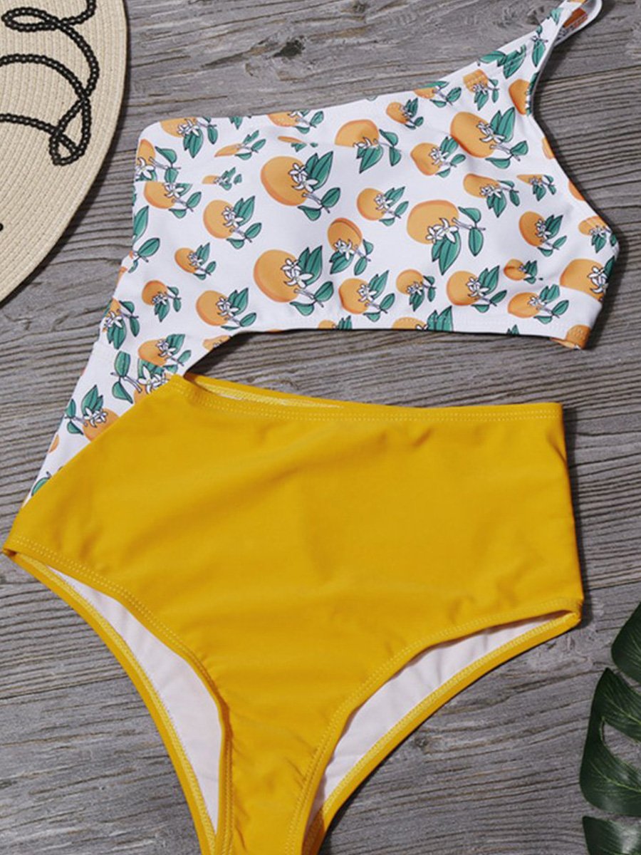 Hollow-out Orange Print One Shoulder One-piece Swimsuit - Fashionpara