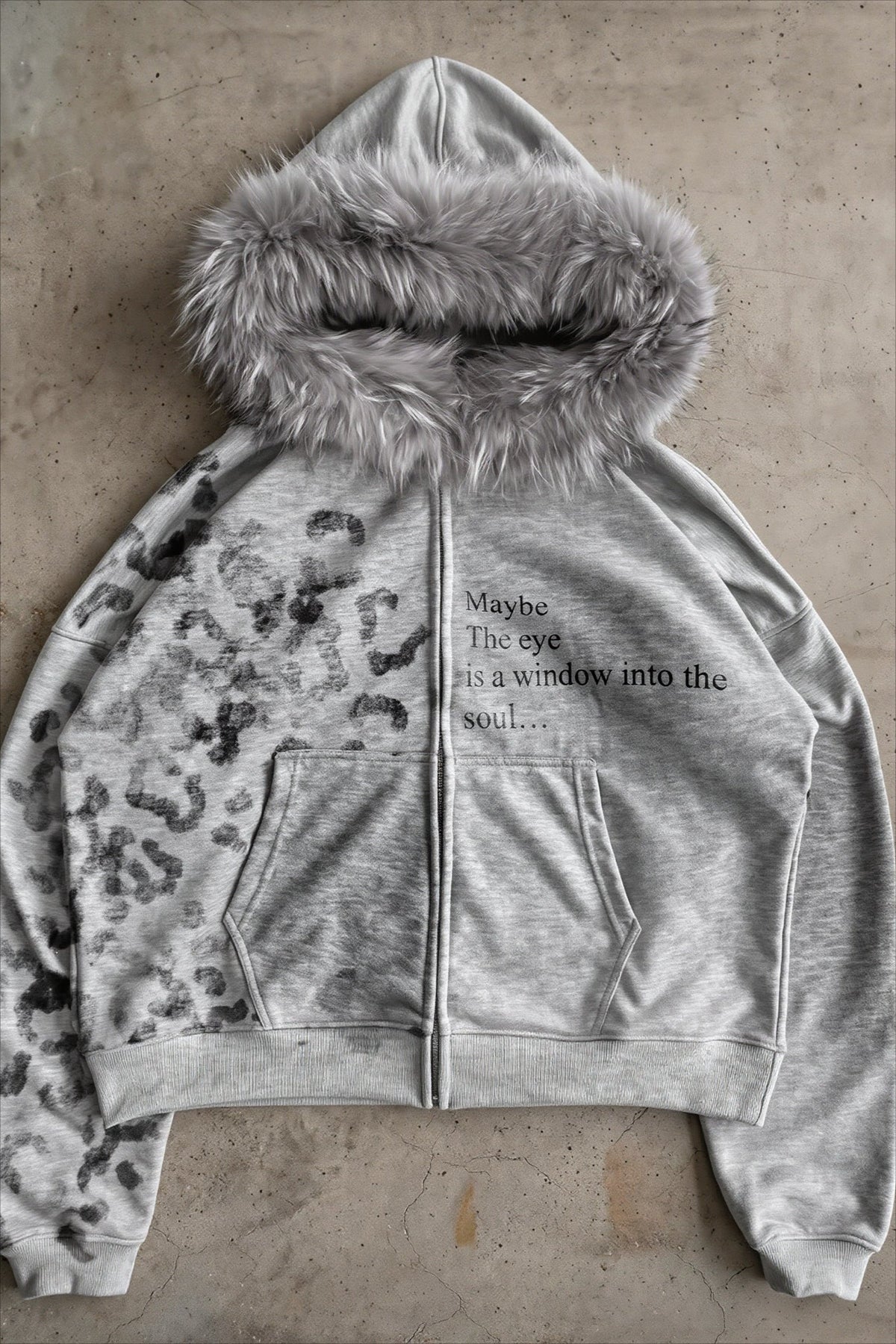 Faux Fur Leopard Panel Zip Front Hoodie