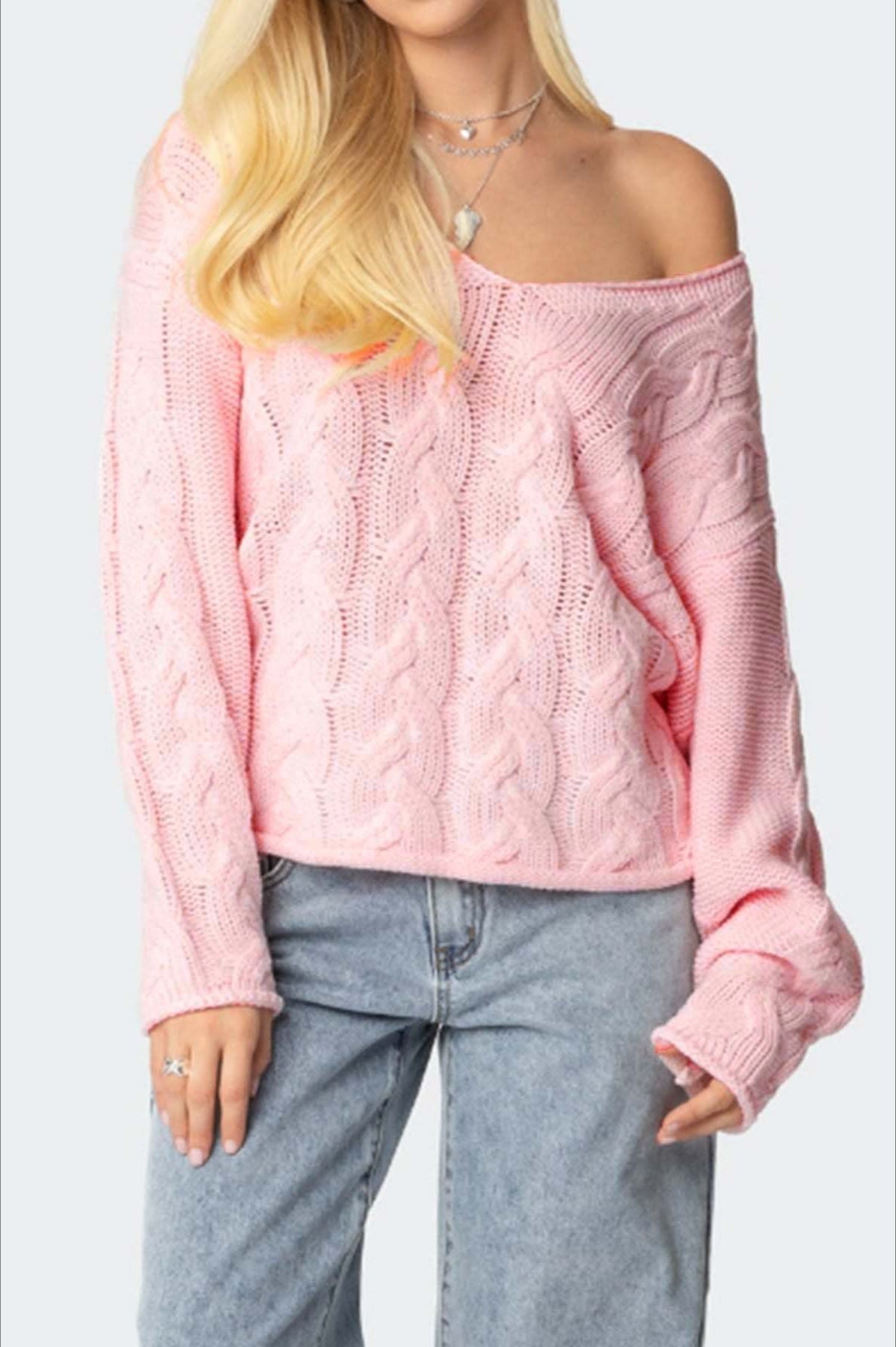 Solid Color V-Neck Cable-Knit Loose Sweater 5