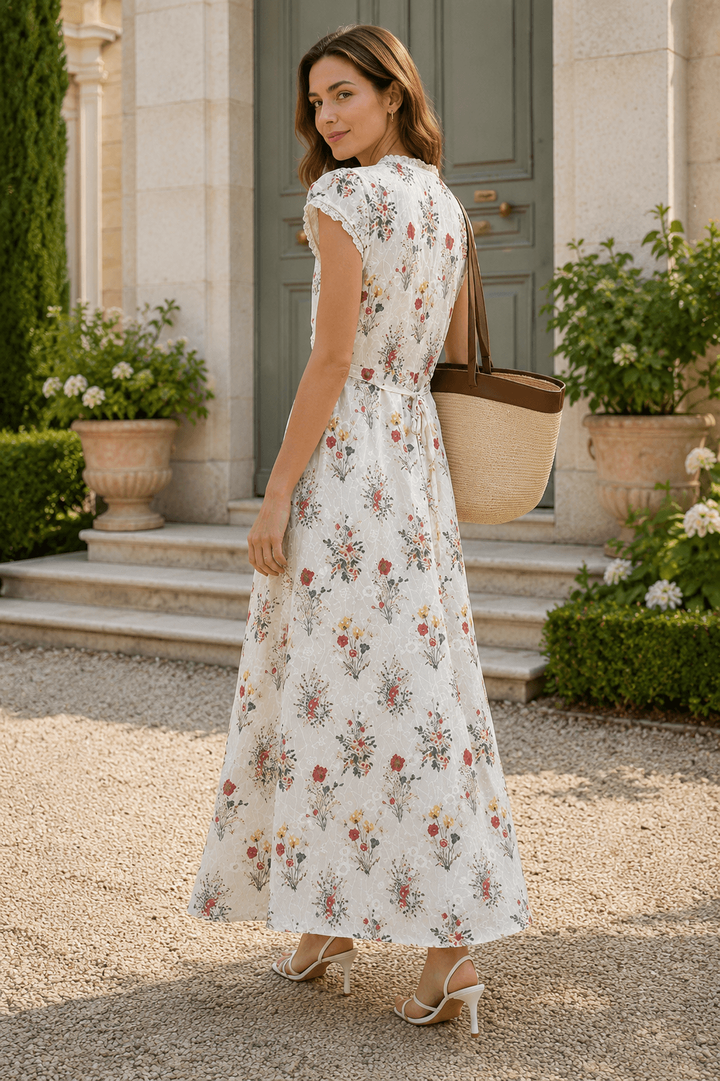 Floral Lace Trim V-Neck Flutter Sleeve Maxi Dress 3