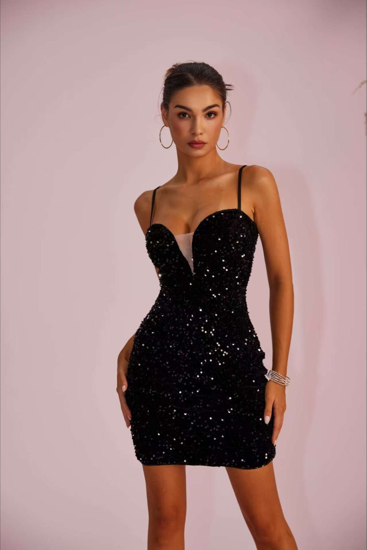 Sequin Panel Sheer Slim-Fit Split Cami Party Dress