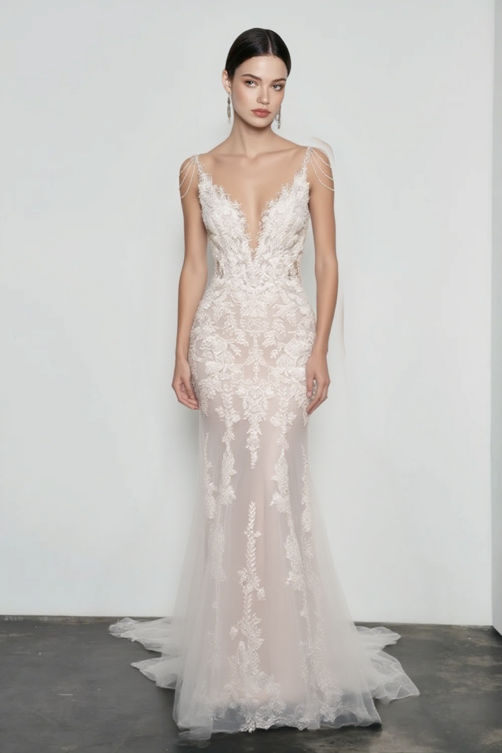 Lace Deep V-Neck Fit and Flare Bridal Gown 2