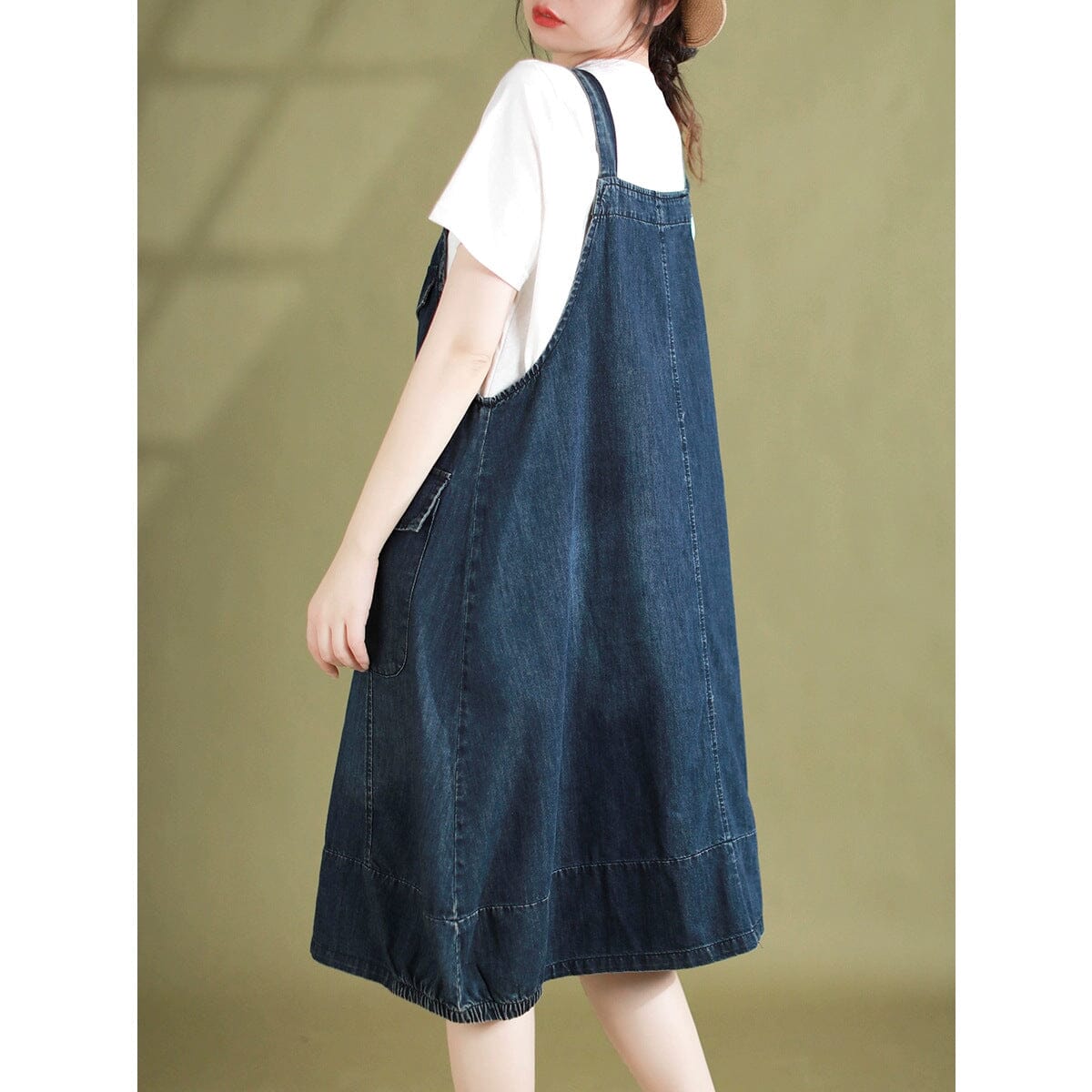 Sleeveless Denim Pinafore Flap Pocket Button Strap Midi Dress - View 3