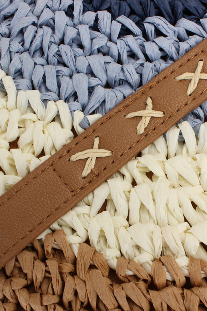 Woven Straw Splicing Contrasting Color Beach Bag - Fashionpara