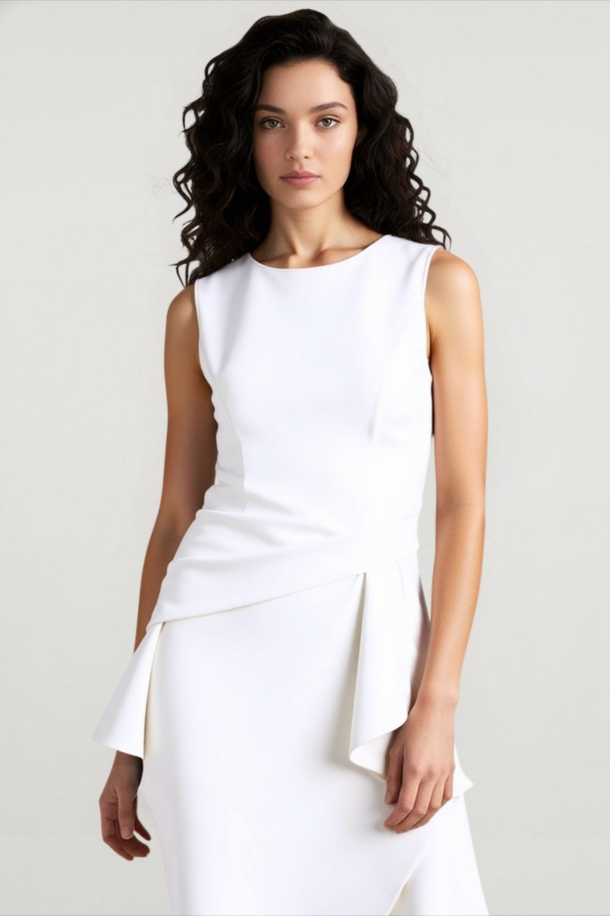 Round Neck Sleeveless Draped Asymmetric Midi Dress