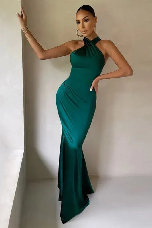 Halter Neck Cross Front Mermaid Maxi Gown