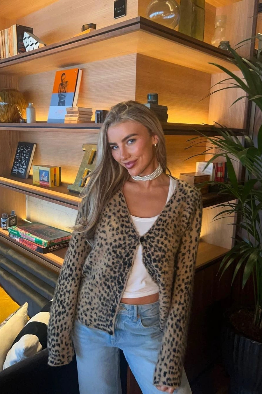 Leopard Print V Neck Knit Blouse