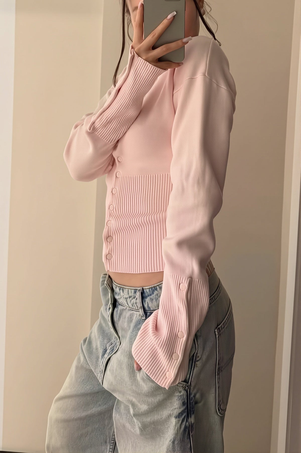 Ribbed Round Neck Fitted Waist Cardigan 2