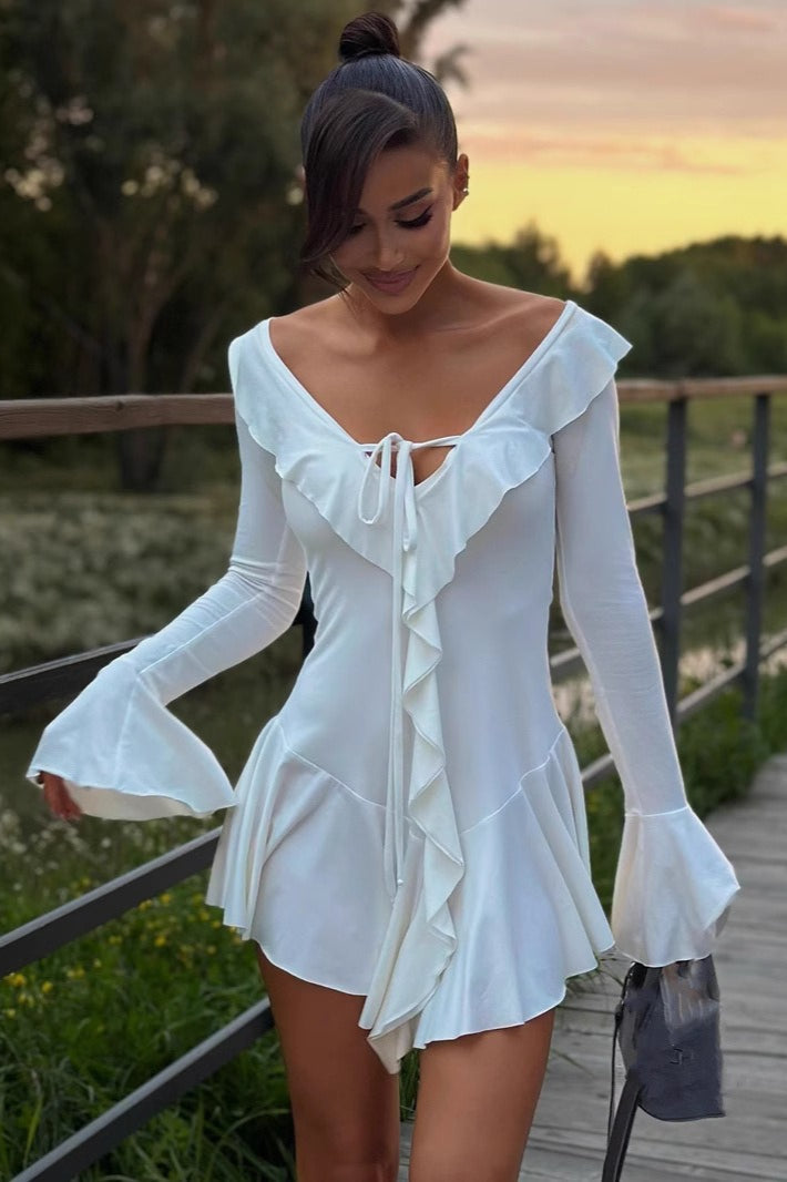 Ruffle Trim V-Neck Long Sleeve Flared Mini Dress
