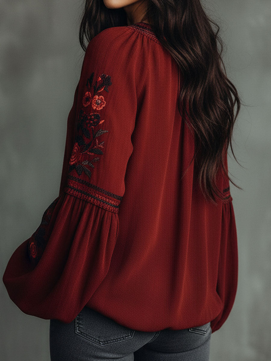 Vintage Red Embroidered Lantern Sleeve Boho Blouse