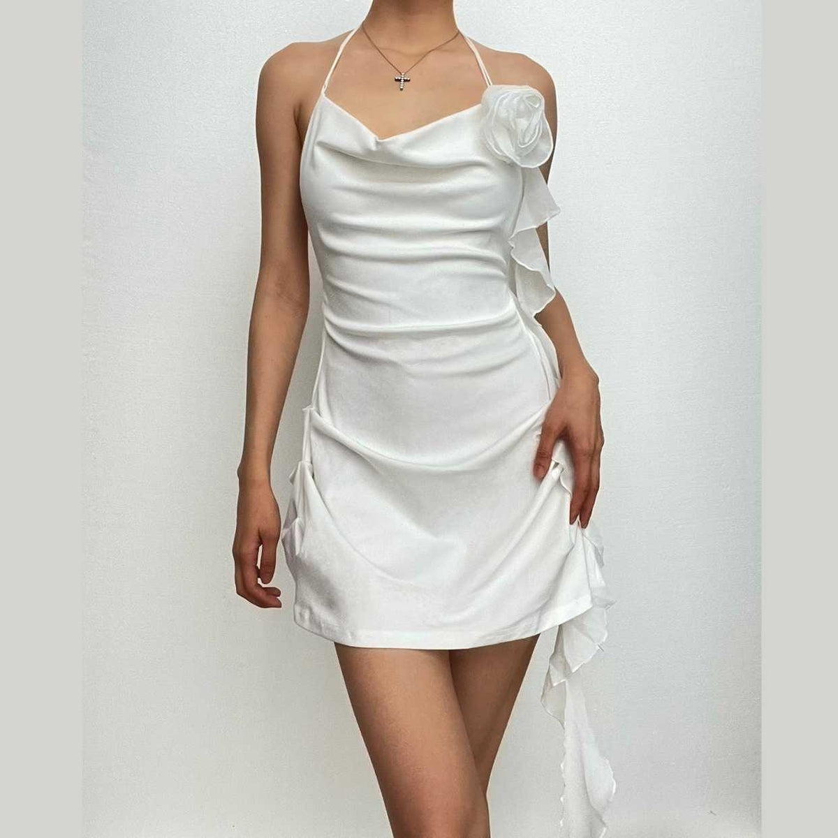 Cowl Neck Halter Flower Applique Ruffle Bodycon Mini Dress