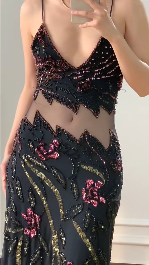 Vintage Black Mermaid Beaded Sequined Floral Cutout Tulle Long Prom Dress Evening Dress P4230