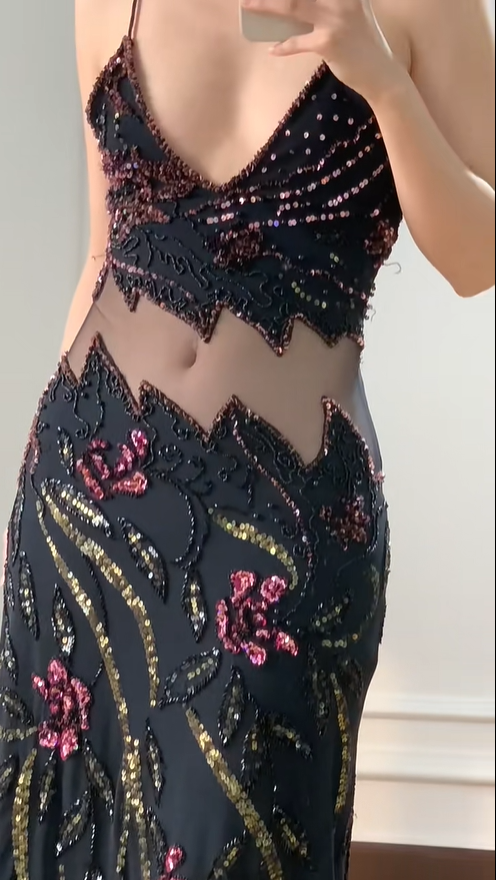 Vintage Black Mermaid Beaded Sequined Floral Cutout Tulle Long Prom Dress Evening Dress P4230