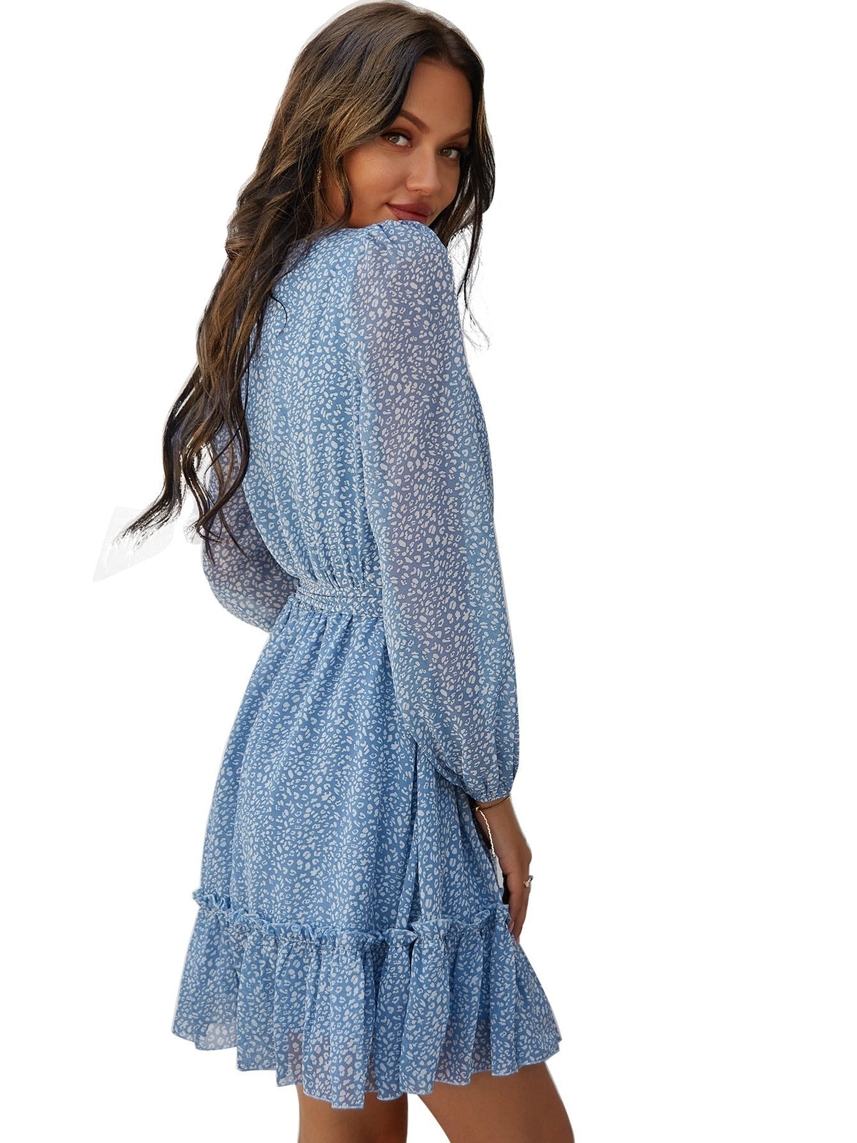 Floral Print Long Puff Sleeve Tiered Mini Dress