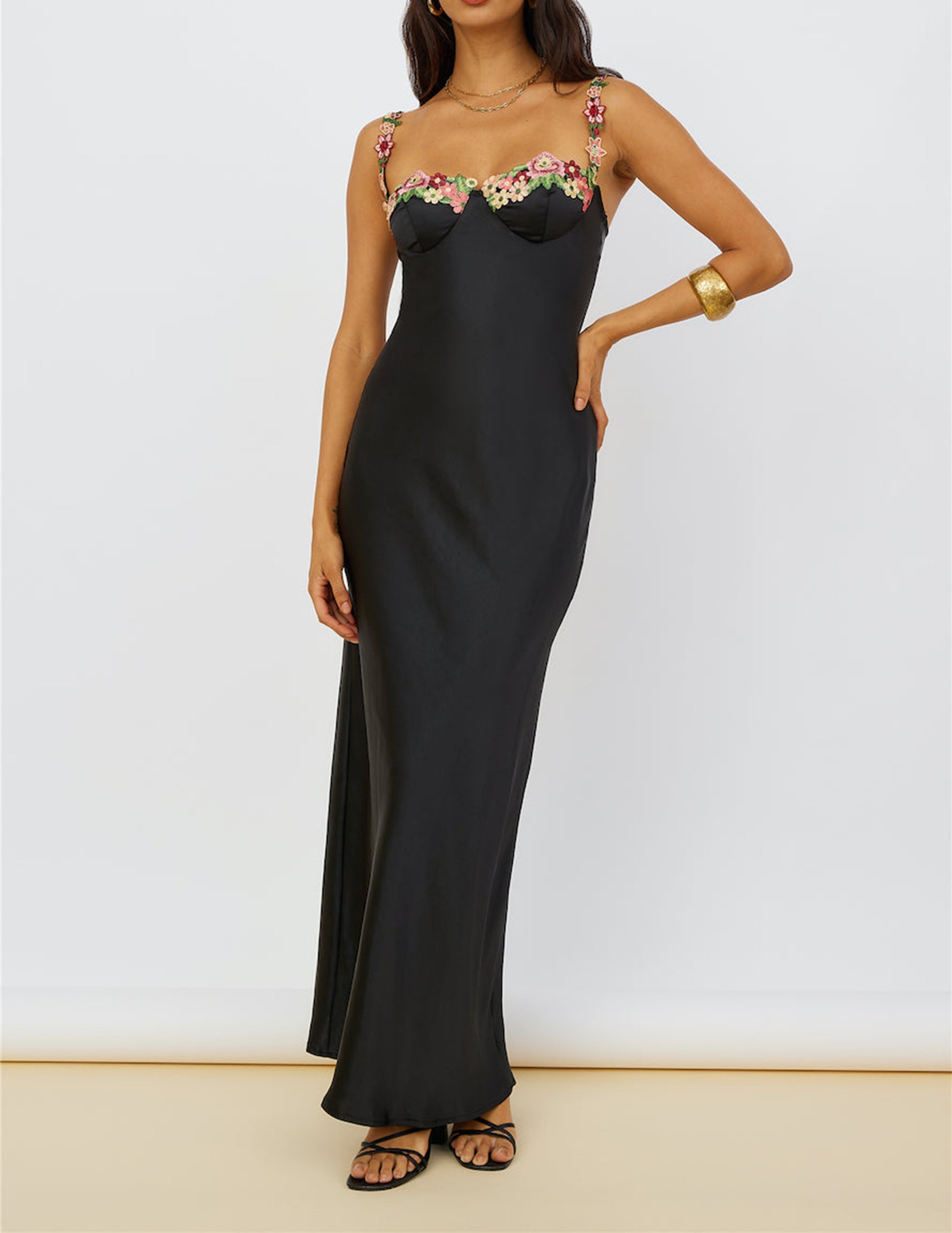 Magnetic Forces Flower Embroidery Maxi Dress Black - Fashionpara