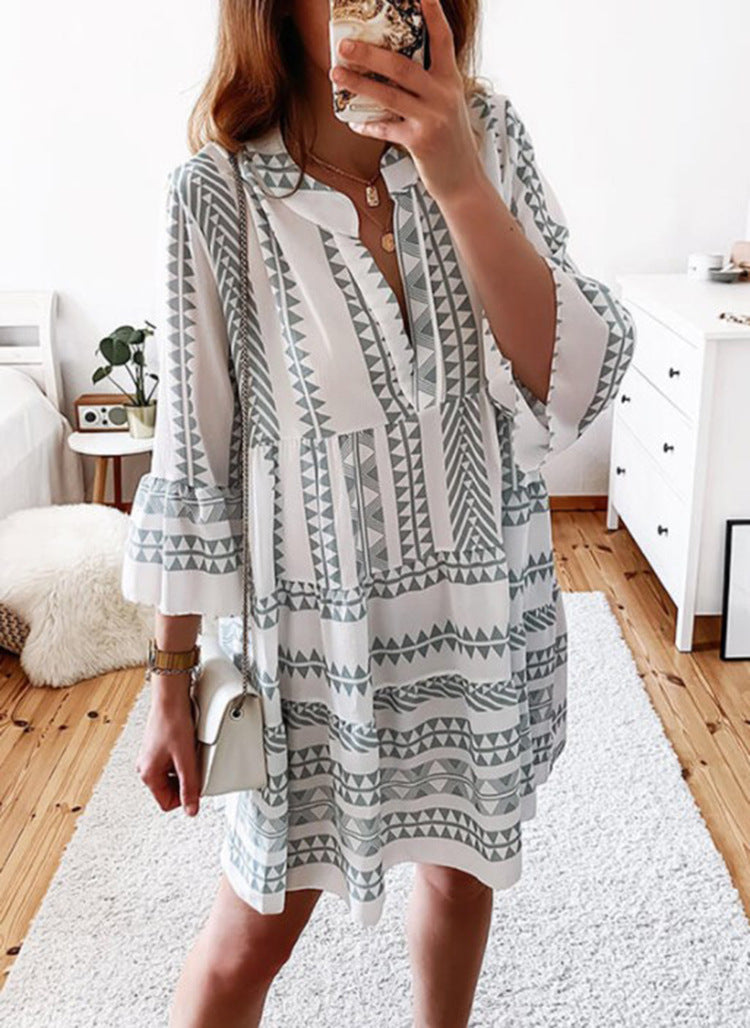 Printed Split Neck Bell Sleeve Tiered Shift Dress