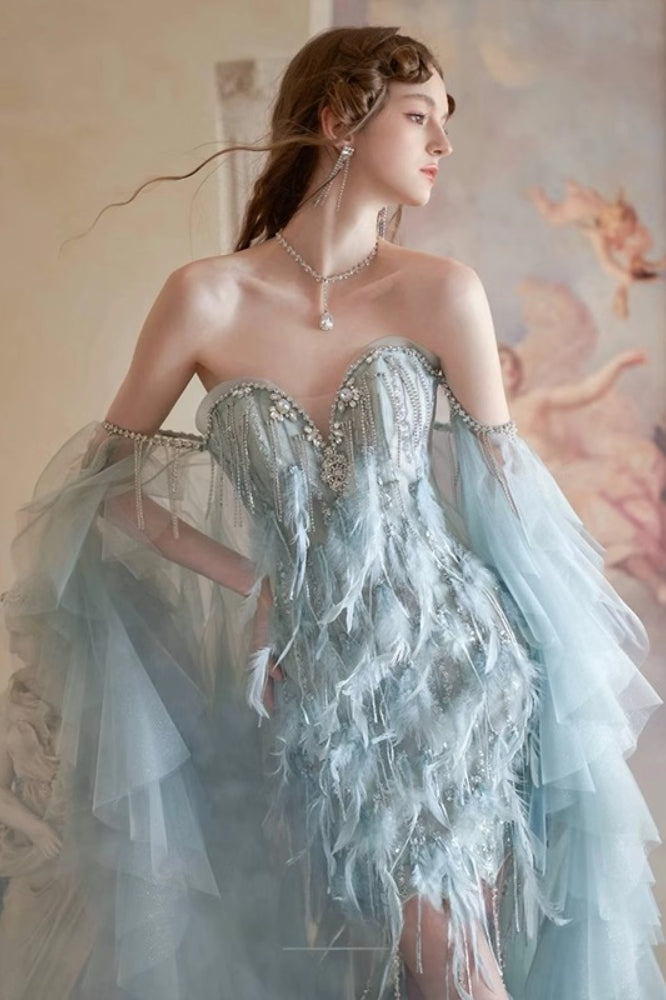 Strapless Sweetheart Feather Beaded High Low Prom Dress