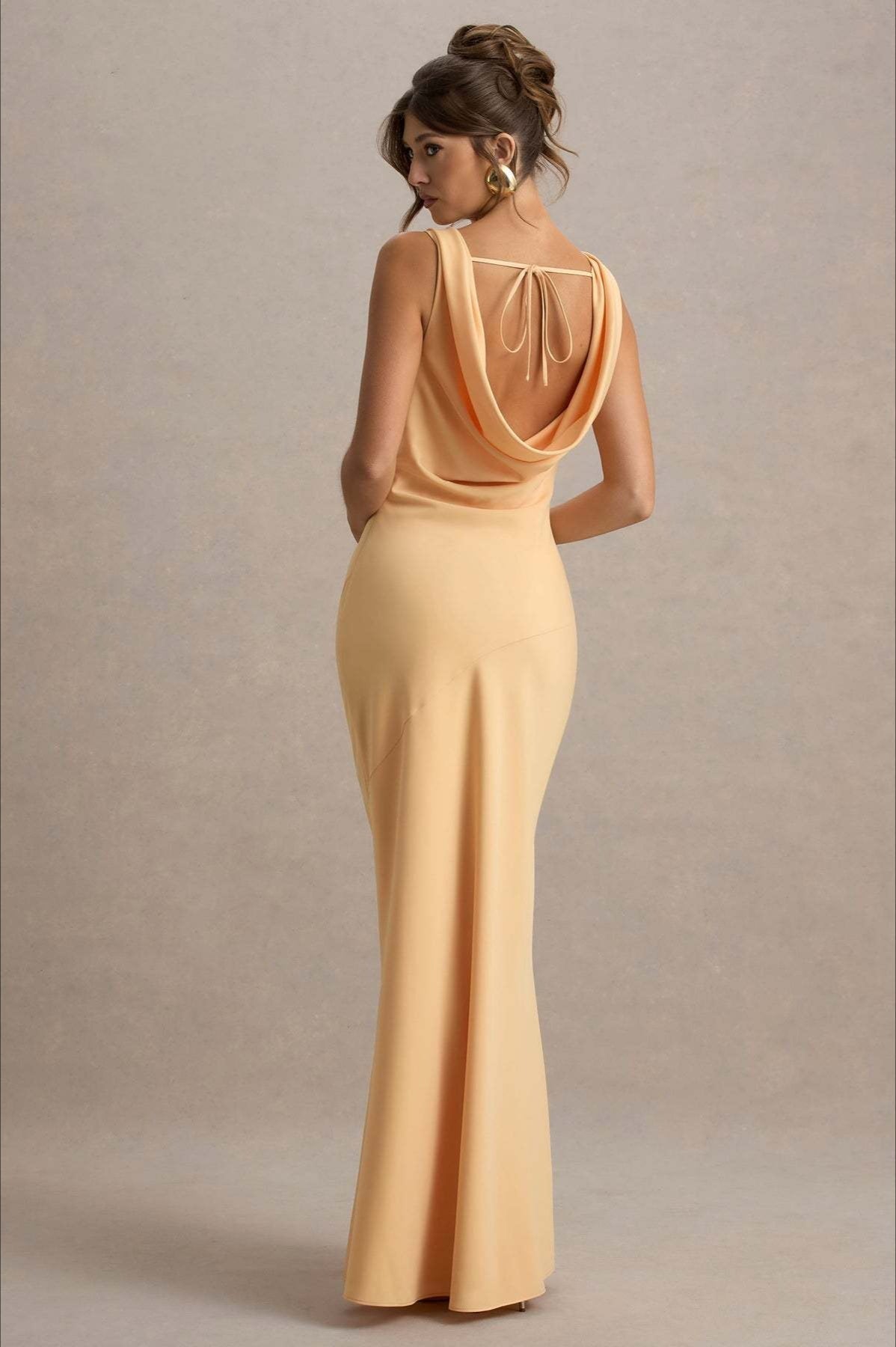 Satin Cowl Neck Wide Strap Sleeveless Diagonal Seam Sheath Maxi Gown - View 10