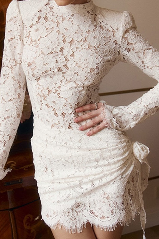 Floral Lace Long Sleeve High Neck Ruched Mini Dress 2