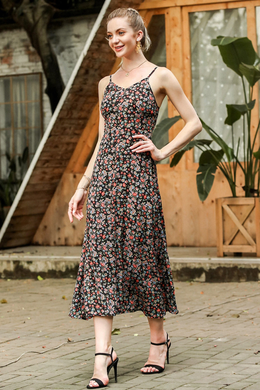 Printed Strappy Slim Dress - Fashionpara