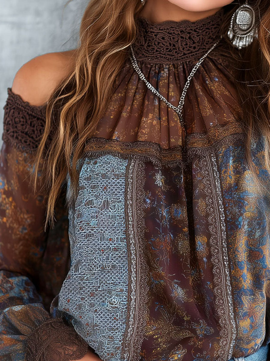 Boho Vintage Cold-Shoulder Sheer Floral Lace Patchwork Blouse - Fashionpara