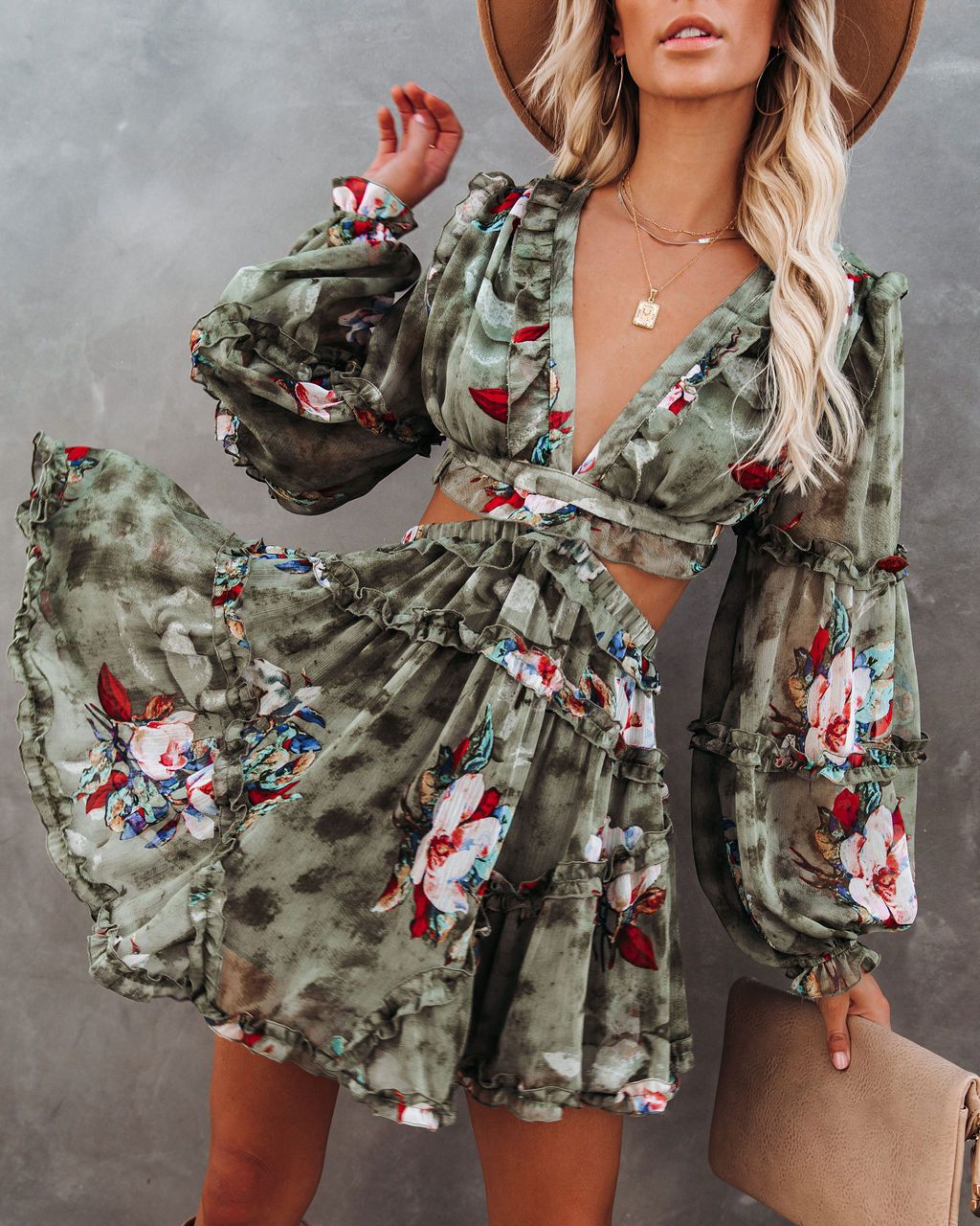 Floral Print V-Neck Long Sleeve Cutout Ruffle Mini Dress
