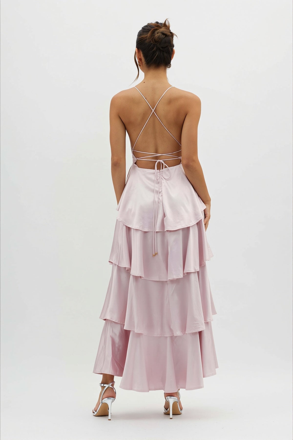 Satin Plunge V-Neck Tiered Ruffle Maxi Formal Dress