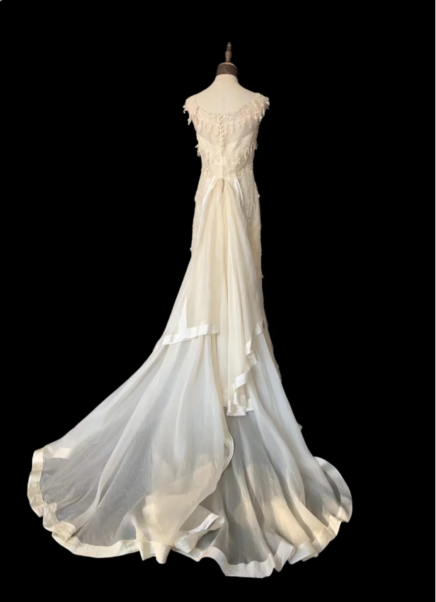 Vintage Ivory Fitted Lace Train Prom Dress Evening Dress Wedding Dress P4233