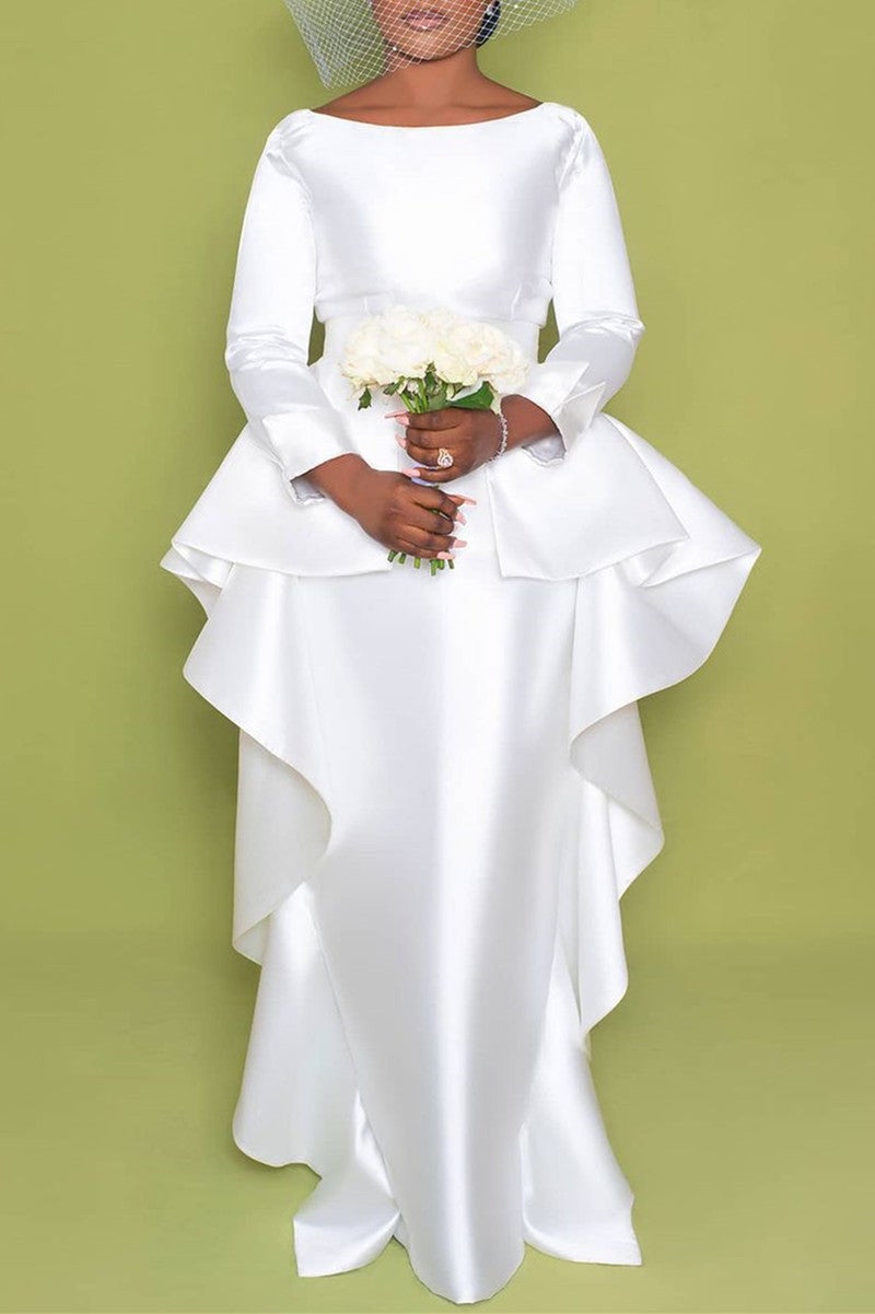 Plus Size Little White Maxi Dresses Ruffle Solid Color Fashionpara