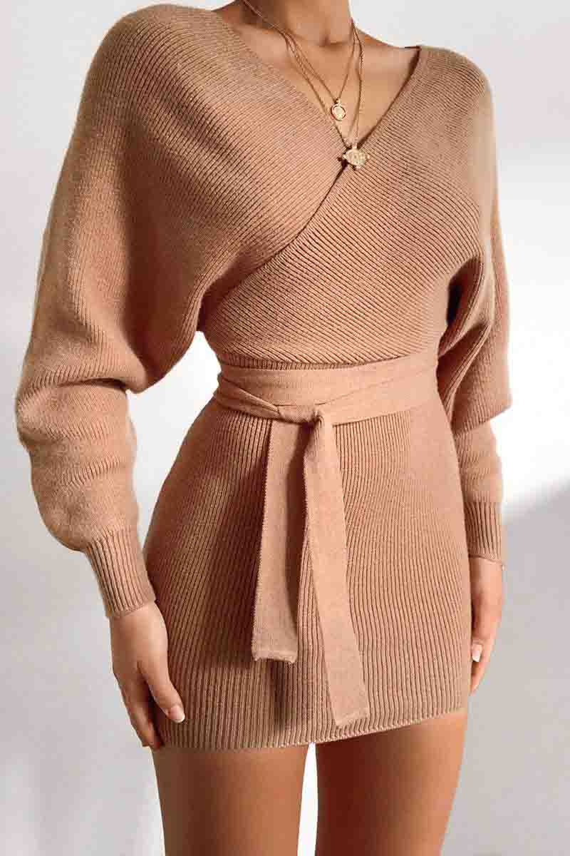 V Neck Knit Sweater Dress(3 Colors)  Fashionpara