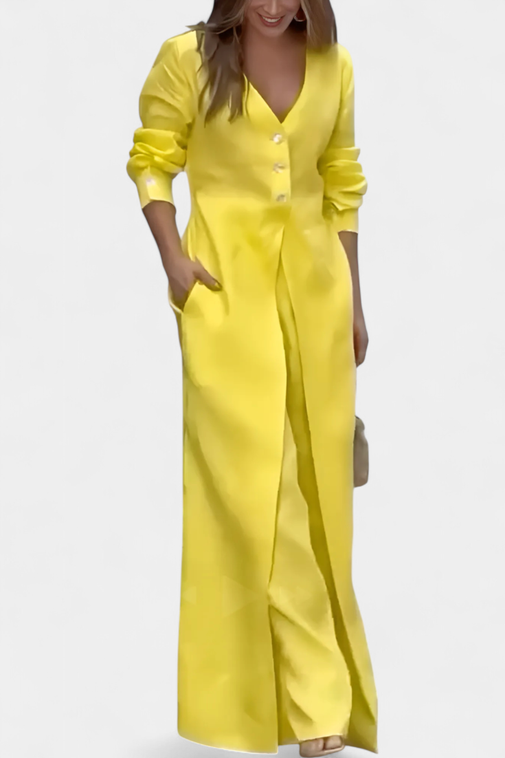 V-Neck Button Front Longline Top and Wide Leg Pants Two Piece Set 4