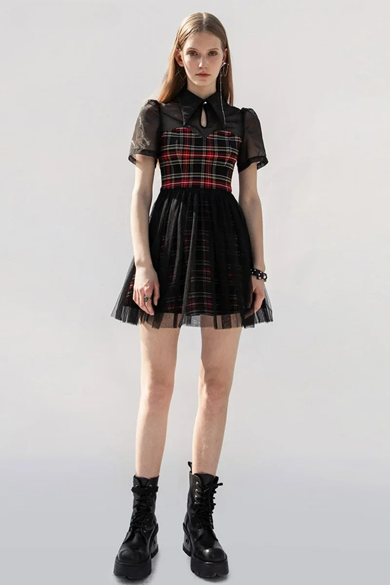 Gothic Lace Spliced Plaid Sexy A-Line Short Sleeve Dress