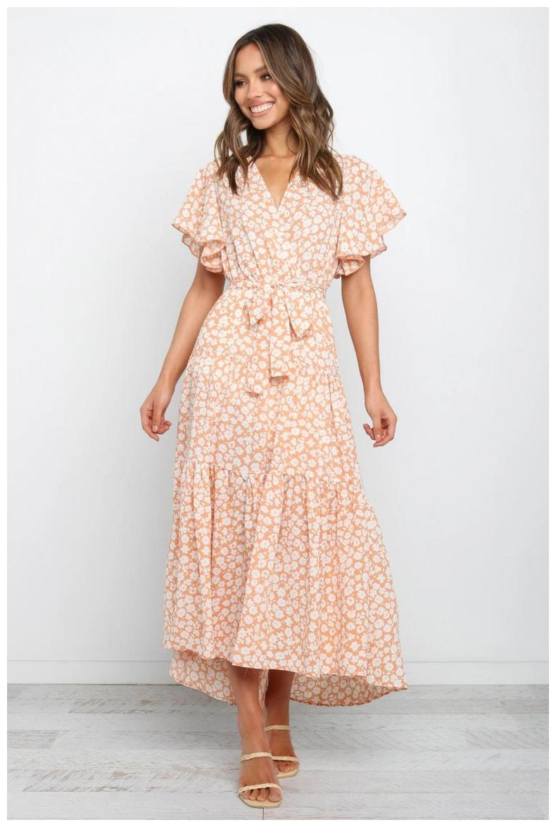 Ditsy Floral V-Neck Flutter Sleeve Wrap Maxi Dress