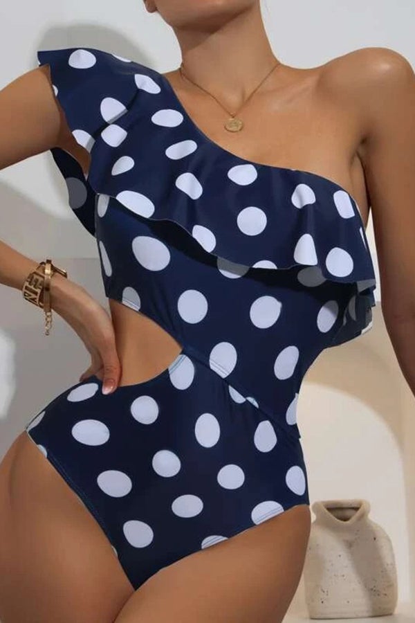 One-shoulder Ruffled Polka Dot One-piece Swimsuit - Fashionpara
