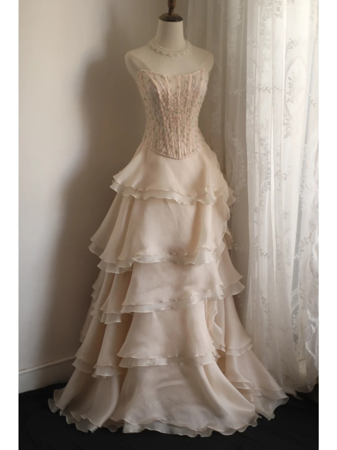 Sweet Pink A-line Strapless Beaded Layered Chiffon Long Prom Dress Evening Dress P4235