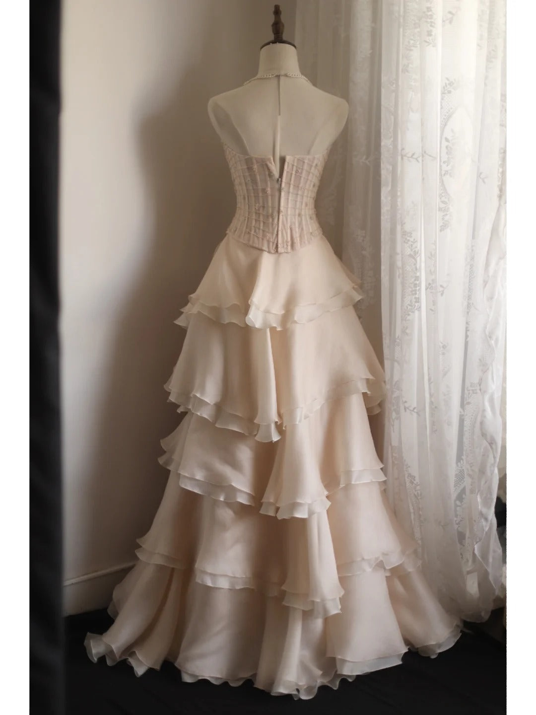 Sweet Pink A-line Strapless Beaded Layered Chiffon Long Prom Dress Evening Dress P4235