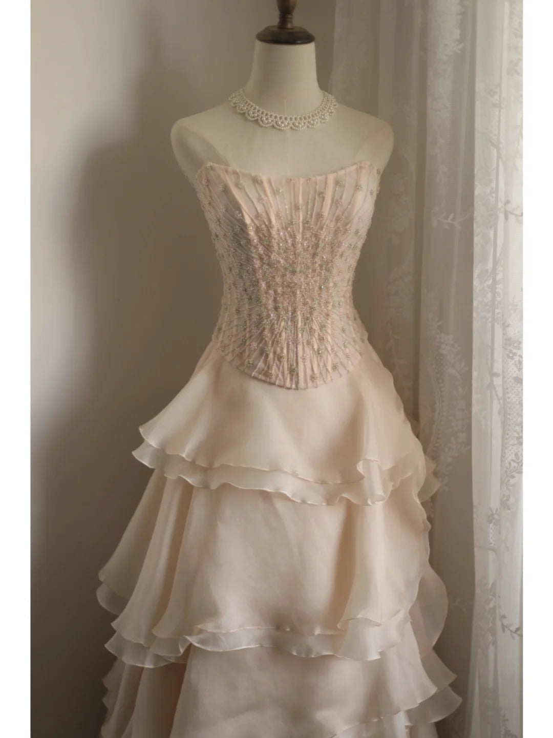 Sweet Pink A-line Strapless Beaded Layered Chiffon Long Prom Dress Evening Dress P4235