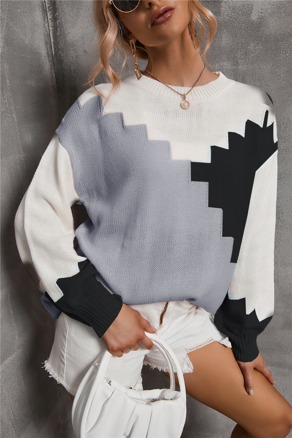 RadyRin Parchwork Round Neck Loose Knit Sweater for Comfort