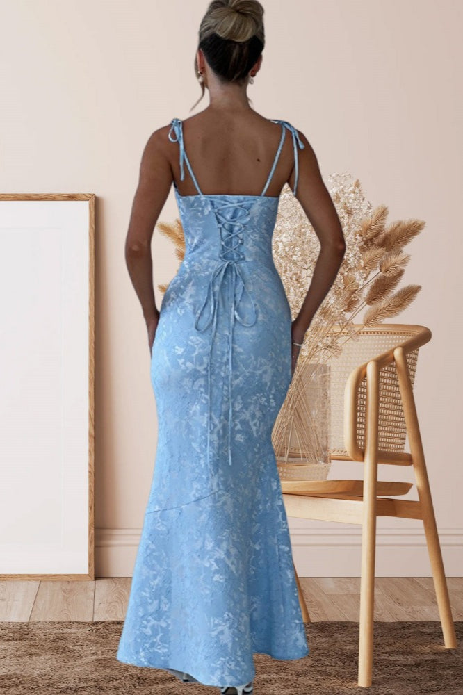 Jacquard Square Neck Tie Strap Mermaid Maxi Dress