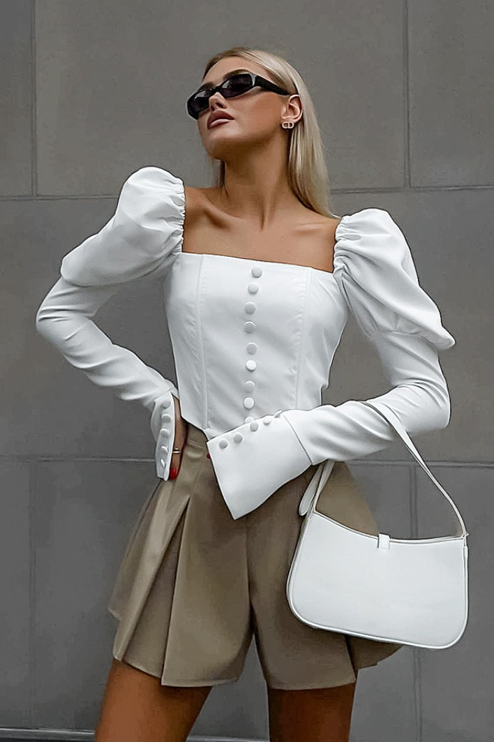 Satin Square Neck Puff Sleeve Blouse - Fashionpara