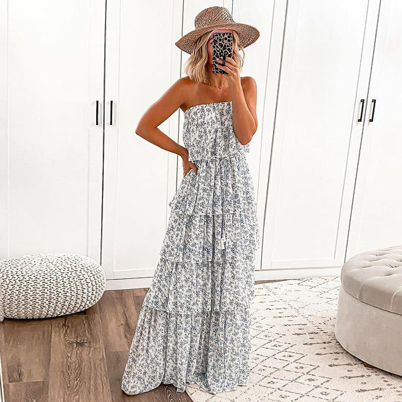 Floral Print Strapless Tiered Maxi Dress